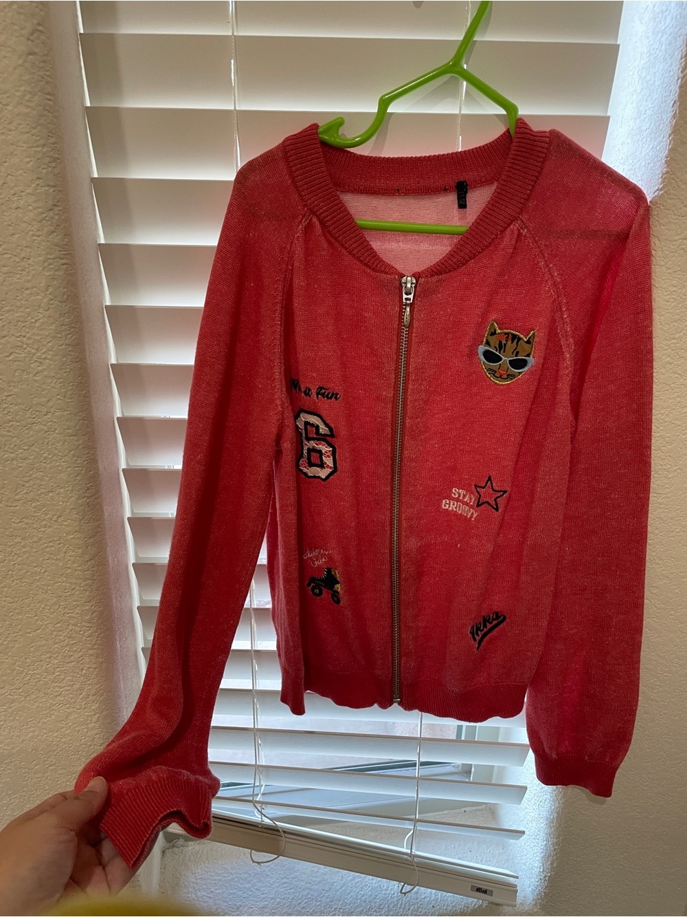 Ikks Coral Zip-Up Cardigan with Embroidered Patches